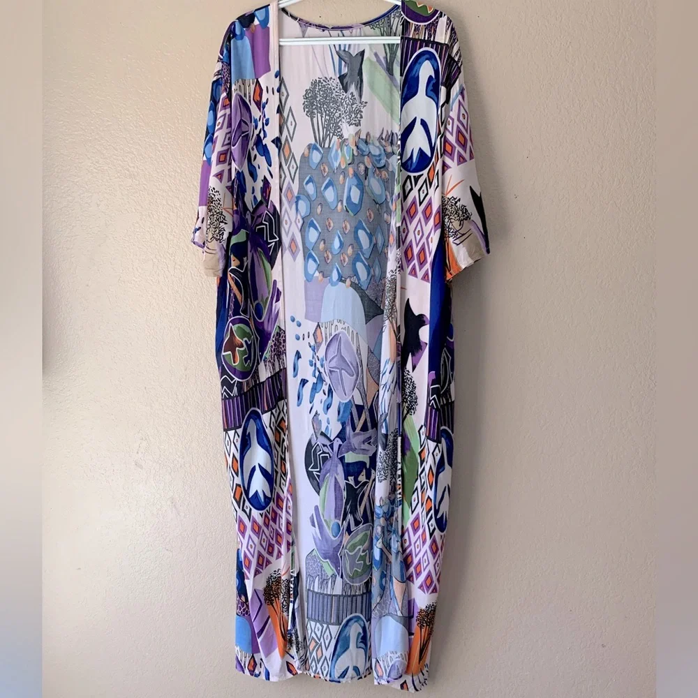 RANRUI Purple Bird Geometric Print Artsy Beachy Open Front Long Kimono O/S